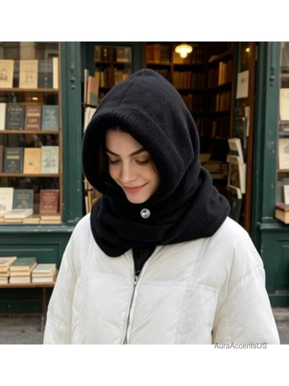 Fuzzy Balaclava Hood Hat Scarf 2 in 1 Winter Knitted Beanie